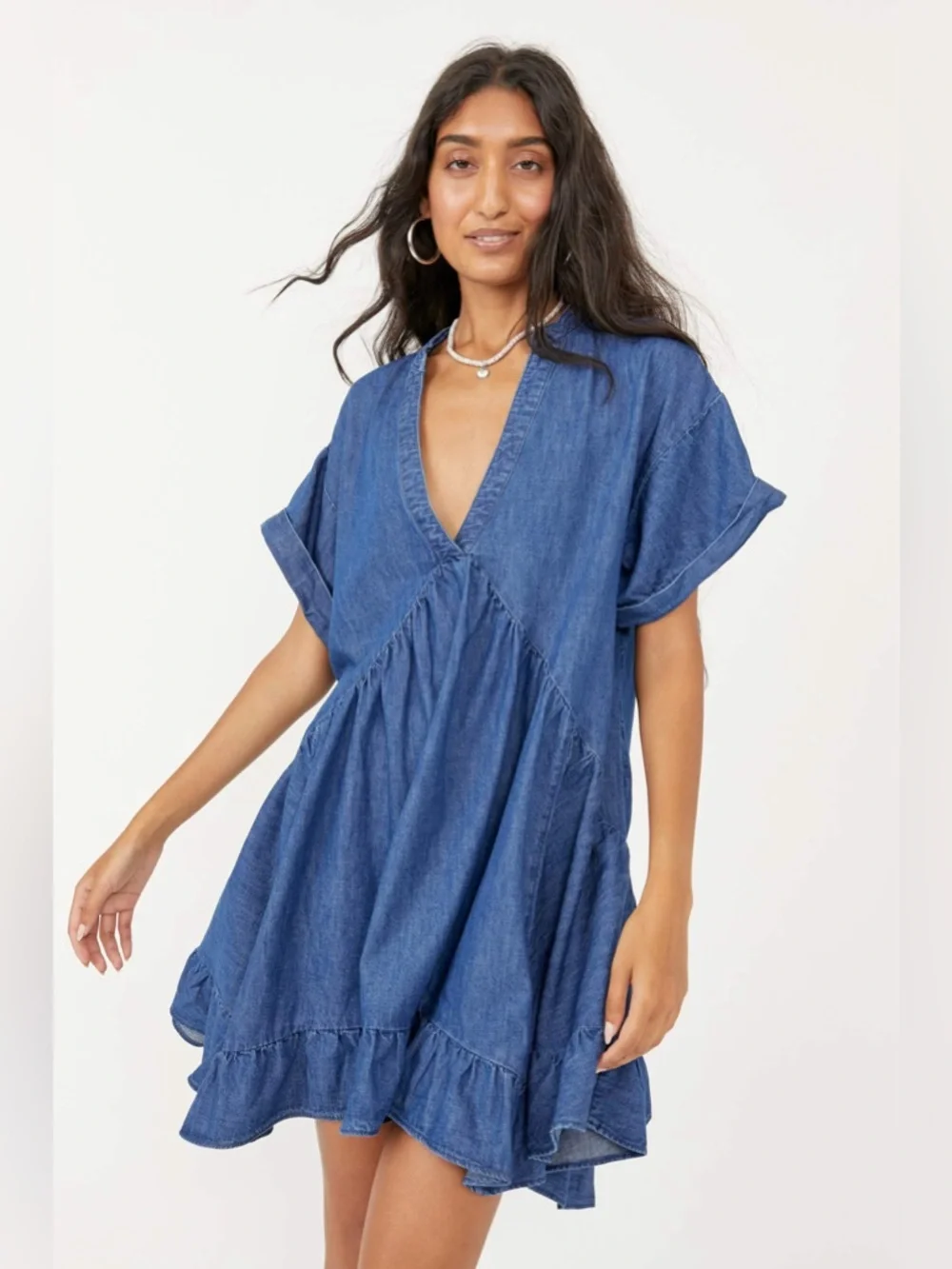 Free People NWT Chambray Babydoll Mini Dress Blue Oversized Ruffle Small